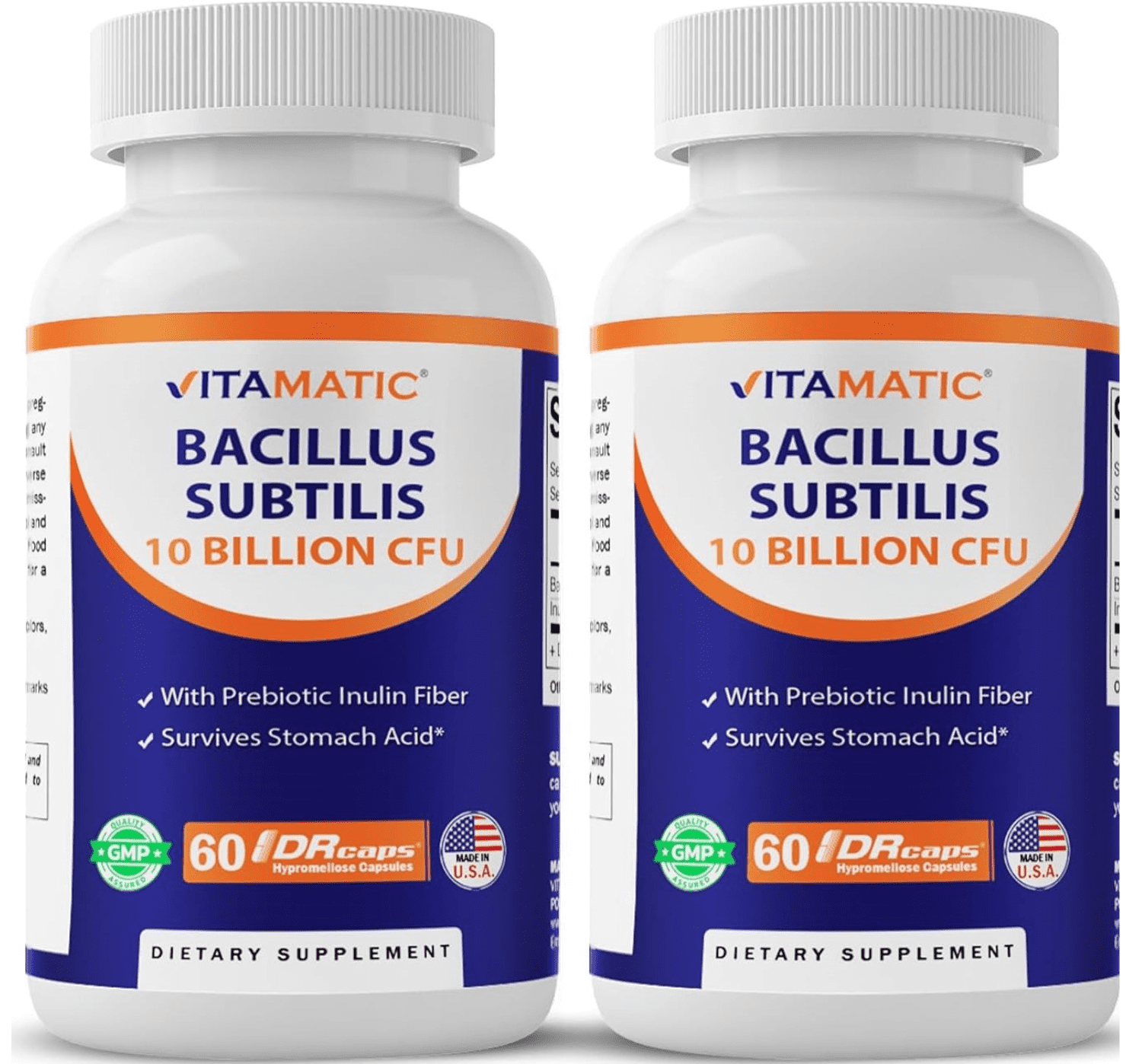 2 pack Vitamatic Bacillus Subtilis 10 Billion per DR Capsule - 60 Count - Digestive, Gut & Immune Health Support - Made with Prebiotic Inulin Fiber