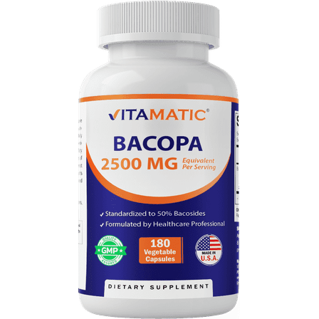 Vitamatic Bacopa Monnieri Nootropic Herbal Supplement 2500mg Equivalent Per Serving50% Bacosides, Non-GMO & Gluten Free - 180 Vegetable Capsules