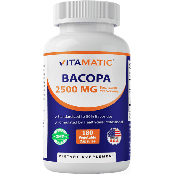 Vitamatic Bacopa Monnieri Nootropic Herbal Supplement 2500mg Equivalent Per Serving50% Bacosides, Non-GMO & Gluten Free - 180 Vegetable Capsules