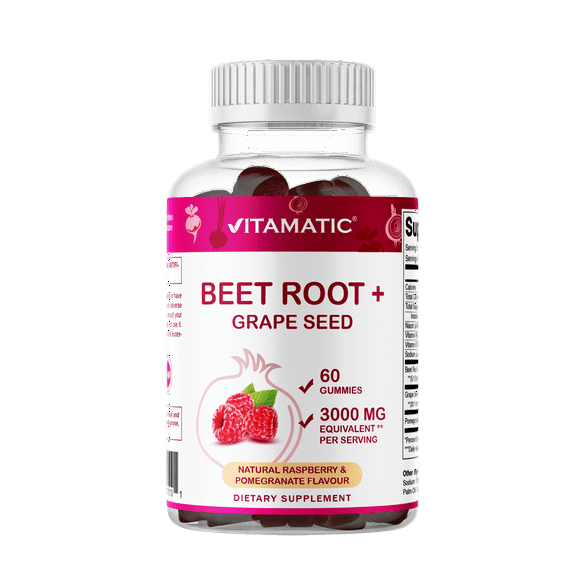 Vitamatic Beet Root Gummies 3000 mg Equivalent Per Serving - 60 Gummies - Made with Vitamin B6, B12, Grape Seed, Pomegranate & Nicotinamide