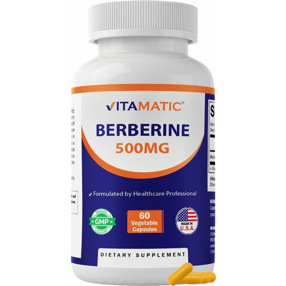 Vitamatic Berberine Supplement 500mg - 60 Vegetable Capsules - Made in The USA - Gluten Free - Non-GMO