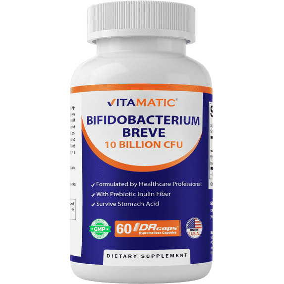 Vitamatic Bifidobacterium Breve - 10B per DR Capsule - 60 Count - Digestive Support - Made with Prebiotic Inulin Fiber