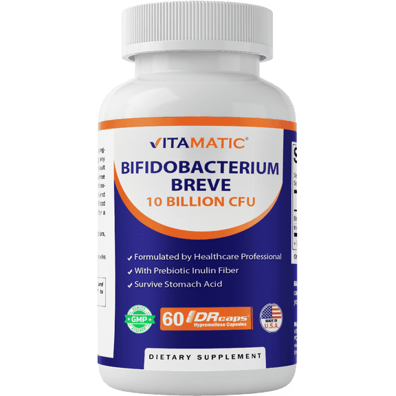 Vitamatic Bifidobacterium Breve - 10B per DR Capsule - 60 Count - Digestive Support - Made with Prebiotic Inulin Fiber