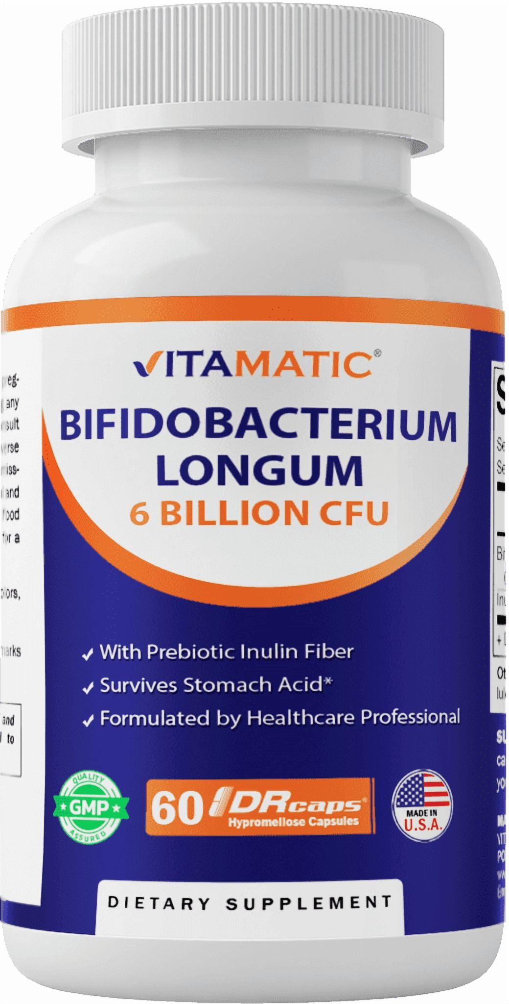 Vitamatic Bifidobacterium Longum 6 Billion CFU per DR Capsule - 60 Count - Promotes Intestinal Health - Made with Prebiotic Inulin Fiber- 2 Pack