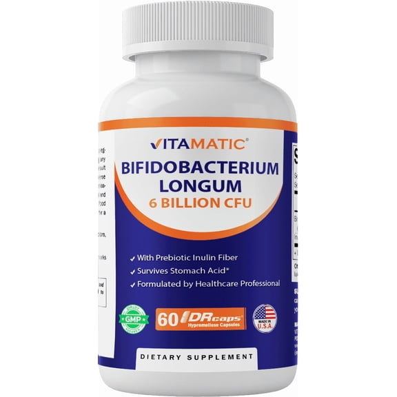Vitamatic Bifidobacterium Longum 6 Billion CFU per DR Capsule - 60 Count - Promotes Intestinal Health - Made with Prebiotic Inulin Fiber- 2 Pack