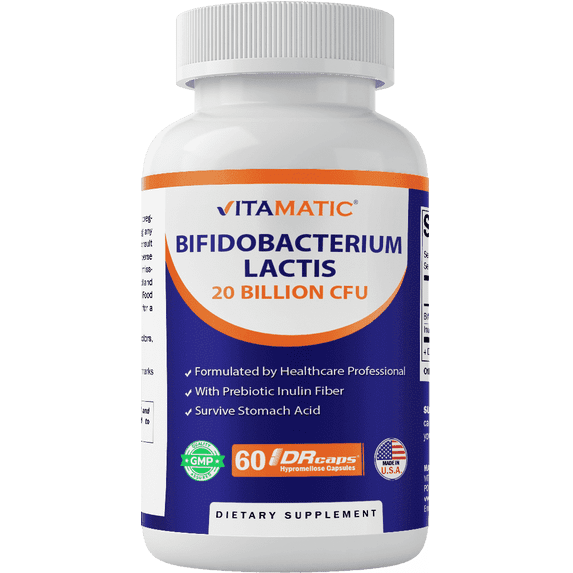 Vitamatic Bifidobacterium lactis - 20 Billion per DR Capsule - 60 Count - Digestive Support - Made with Prebiotic Inulin Fiber
