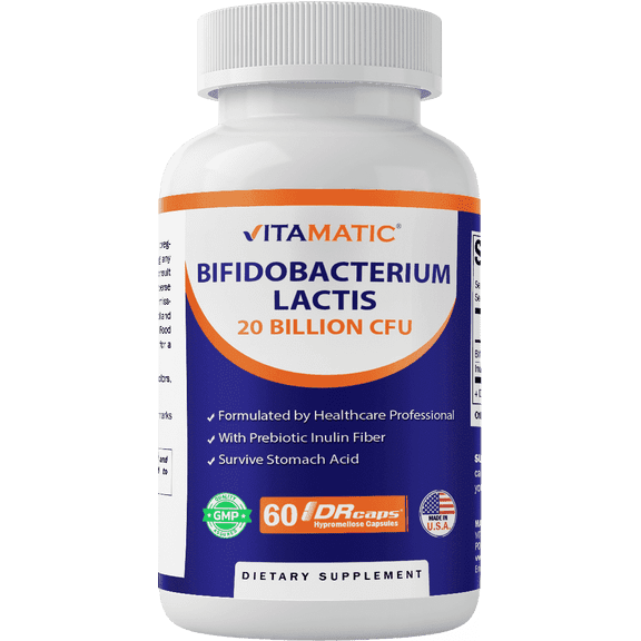 Vitamatic Bifidobacterium lactis - 20 Billion per DR Capsule - 60 Count - Digestive Support - Made with Prebiotic Inulin Fiber