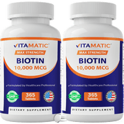 Vitamatic Biotin 10,000 mcg for Stronger Hair, Skin & Nails - 365 Vegan Tablets- Also Called Vitamin B7 - 2 Pack