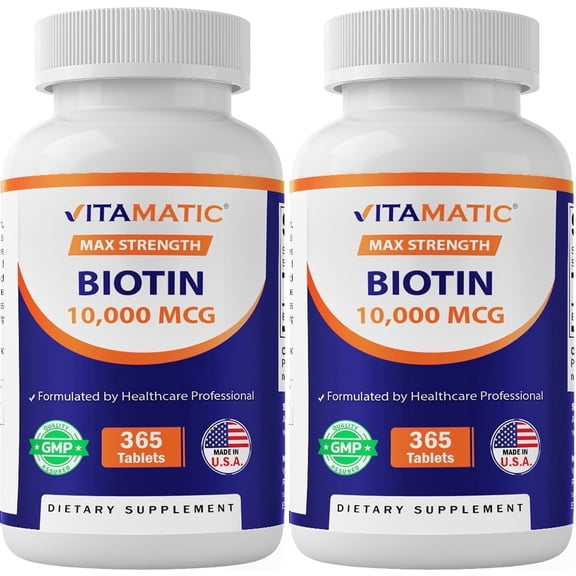 Vitamatic Biotin 10,000 mcg for Stronger Hair, Skin & Nails - 365 Vegan Tablets- Also Called Vitamin B7 - 2 Pack