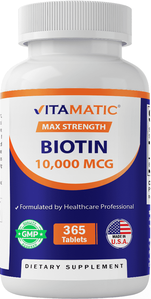 Vitamatic Biotin 10,000 mcg for Stronger Hair, Skin & Nails - 365 Vegan Tablets- Also Called Vitamin B7