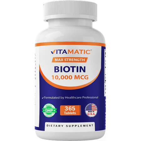 Vitamatic Biotin 10,000 mcg for Stronger Hair, Skin & Nails - 365 Vegan Tablets- Also Called Vitamin B7
