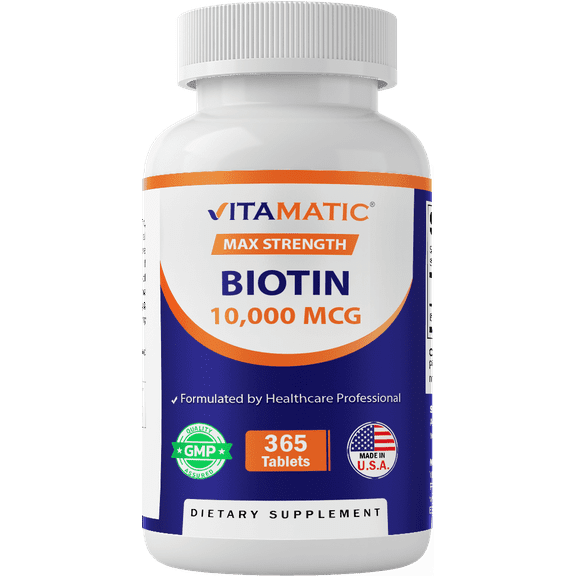 Vitamatic Biotin 10,000 mcg for Stronger Hair, Skin & Nails - 365 Vegan Tablets- Also Called Vitamin B7