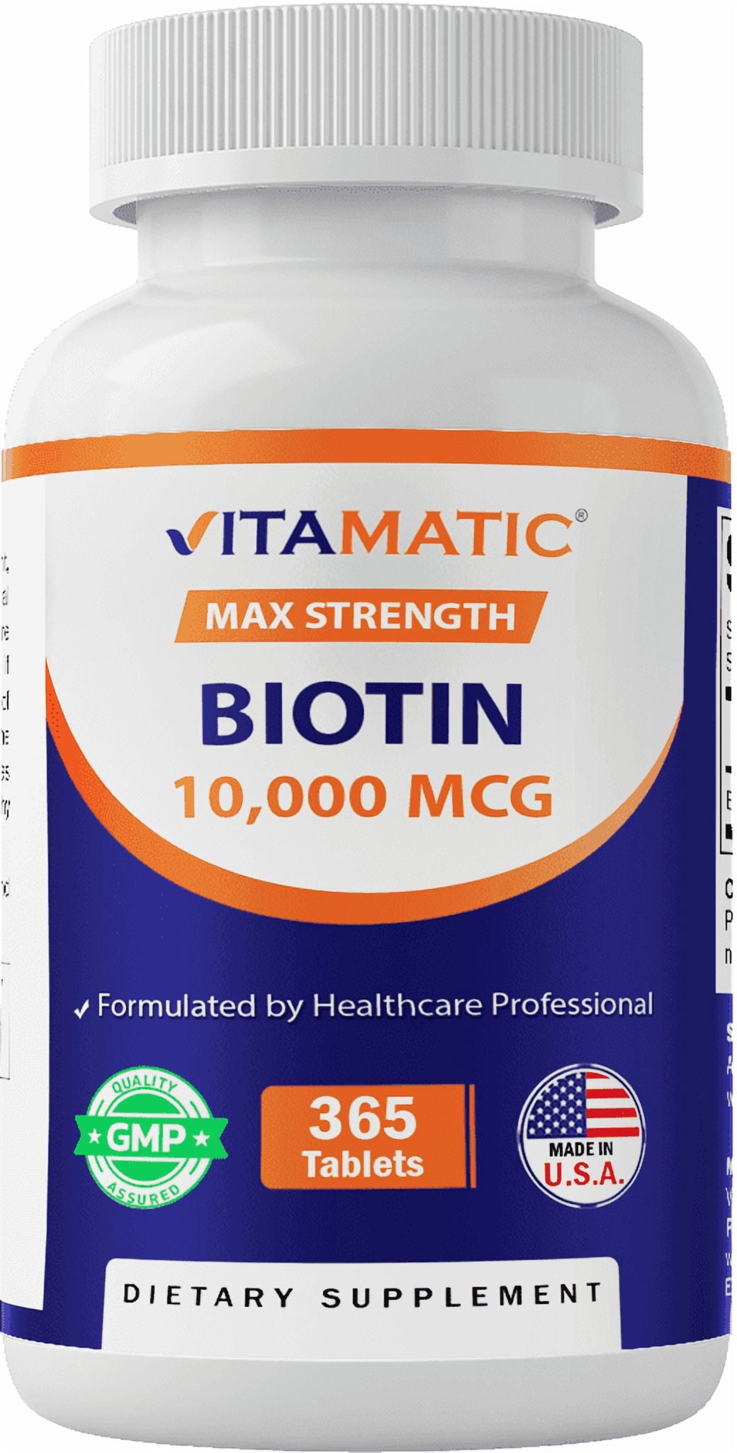 Vitamatic Biotin 10,000 mcg for Stronger Hair, Skin & Nails - 365 Vegan Tablets- Also Called Vitamin B7