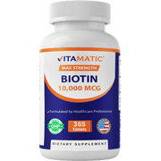 Vitamatic Biotin 10,000 mcg for Stronger Hair, Skin & Nails - 365 Vegan Tablets- Also Called Vitamin B7