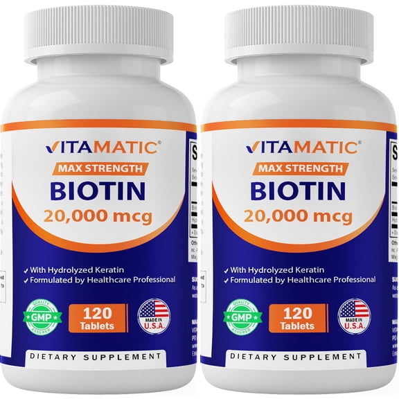 Vitamatic Biotin 20,000 mcg (20 mg) with Keratin 120 Tablets - 2 Pack