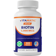 Vitamatic Biotin 5000mcg 5 mg for Stronger Hair, Skin & Nails - 365 Vegan Tablets- Also Called Vitamin B7