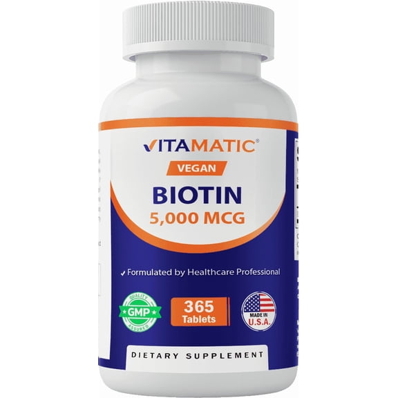 Vitamatic Biotin 5000mcg (5 mg) for Stronger Hair, Skin & Nails - 365 Vegan Tablets- Also Called Vitamin B7