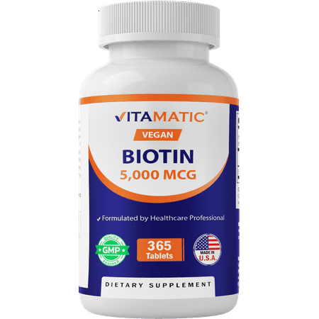 Vitamatic Biotin 5000mcg (5 mg) for Stronger Hair, Skin & Nails - 365 Vegan Tablets- Also Called Vitamin B7