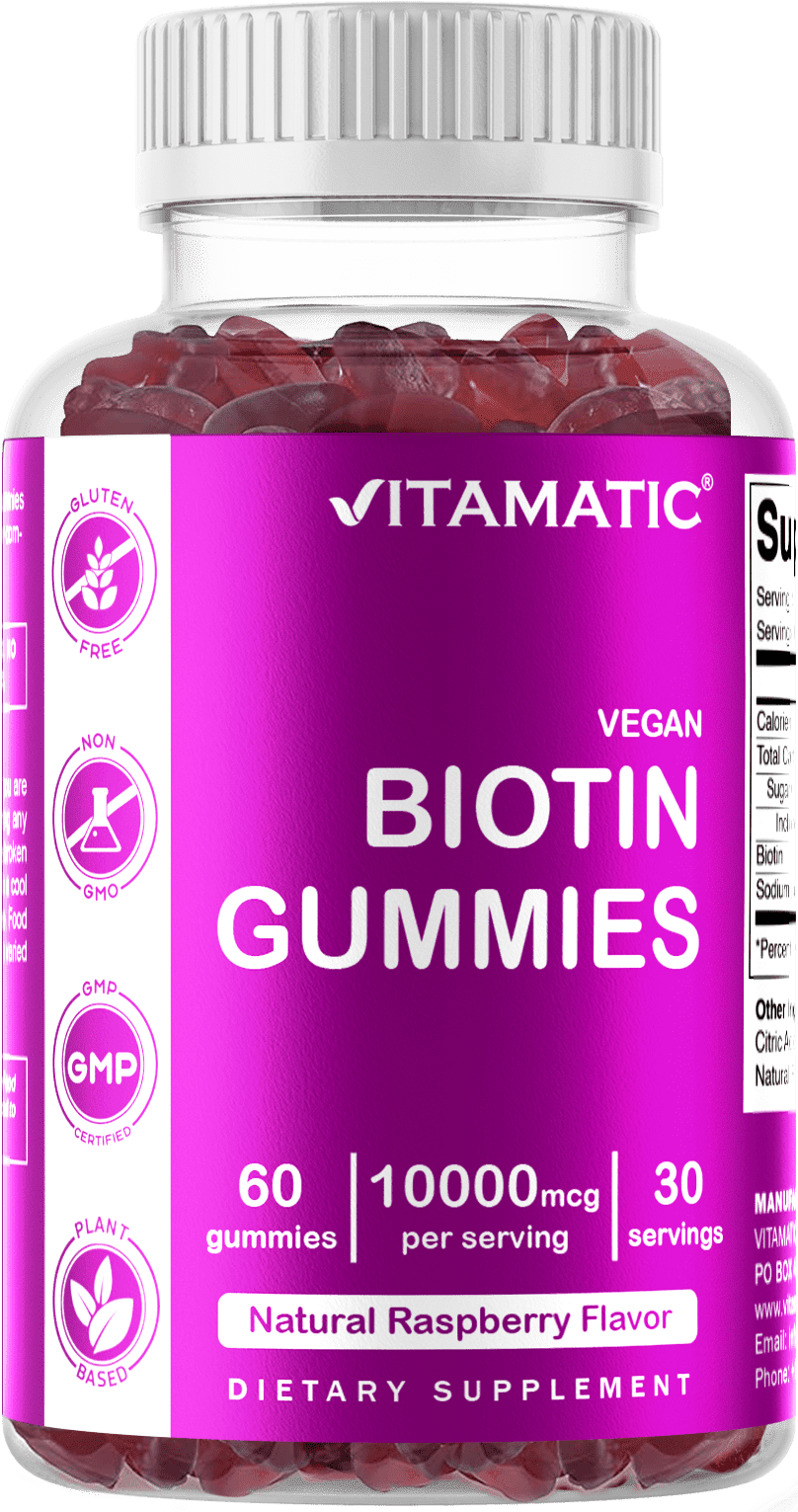 Vitamatic Biotin Gummies 10,000 mcg for  Hair, Skin & Nails Supports - 60 Vegan Gummies - Also Called Vitamin B7
