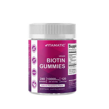 Vitamatic Biotin Gummies 10,000 mcg for Stronger Hair, Skin & Nails - 240 Vegan Gummies - Also Called Vitamin B7