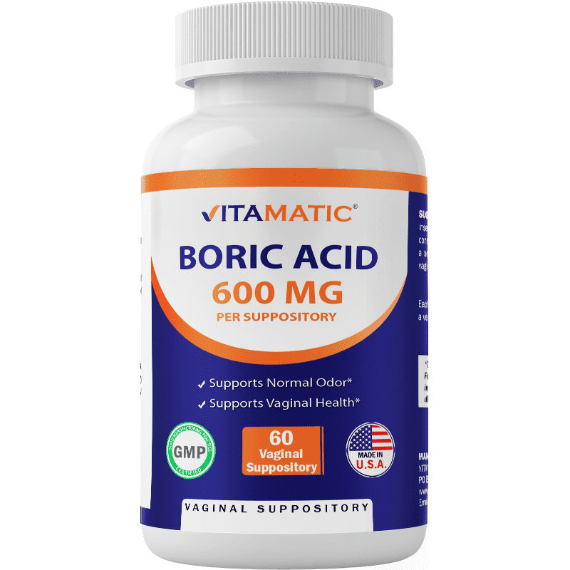 Vitamatic Boric Acid Vaginal Suppositories 600 mg USP Grade Boric Acid in Vegetarian Capsule Shell - 60 Count