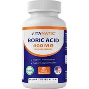Vitamatic Boric Acid Vaginal Suppositories 600 mg USP Grade Boric Acid in Vegetarian Capsule Shell - 60 Count