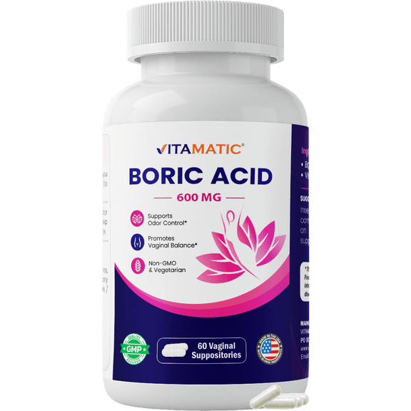 Vitamatic Boric Acid Vaginal Suppositories 600 mg USP Grade Boric Acid in Vegetarian Capsule Shell - 60 Count