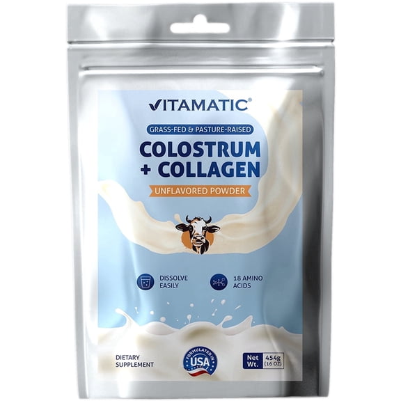 Vitamatic Bovine Colostrum + Collagen Powder - Supplement for Gut Health, Hair Growth, Beauty, Muscle Recovery, & Immune Support - Unflavored - 454 Gram, (16 oz)