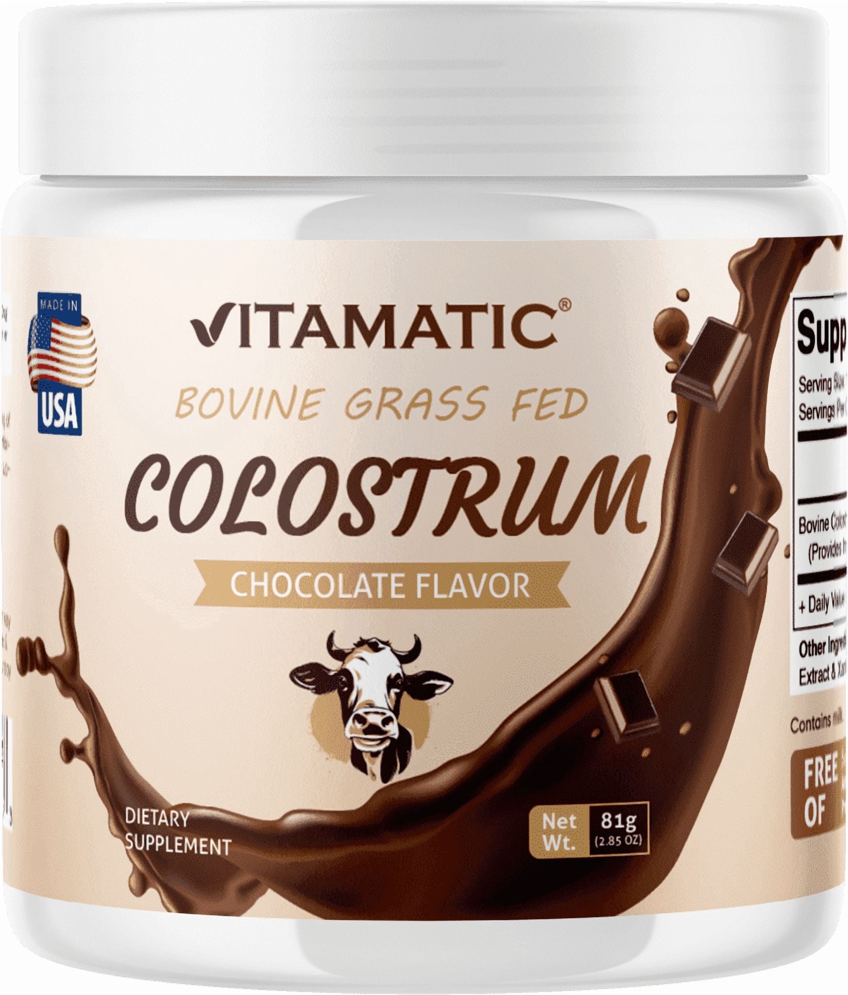 Vitamatic Bovine Colostrum Powder - Supplement for Gut Health, Hair Growth, Beauty, Muscle Recovery, & Immune Support - Easy to Mix - 30 Servings (Chocolate)