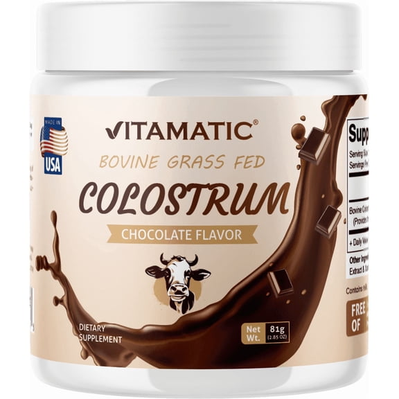Vitamatic Bovine Colostrum Powder - Supplement for Gut Health, Hair Growth, Beauty, Muscle Recovery, & Immune Support - Easy to Mix - 30 Servings (Chocolate)