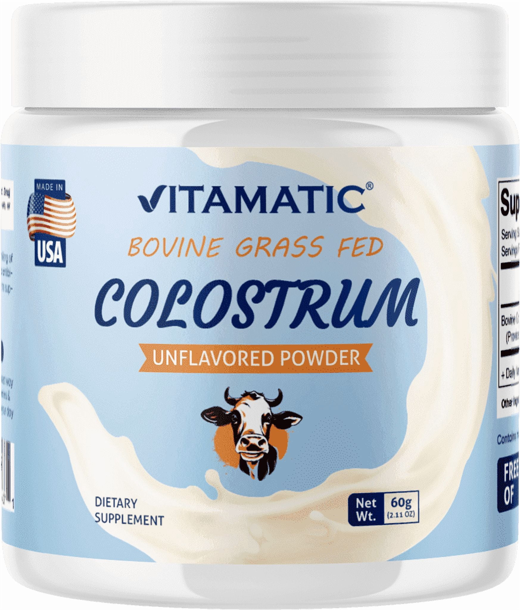 Vitamatic Bovine Colostrum 30% IgG Powder - Supplement for Gut Health, Hair Growth, Beauty, Muscle Recovery, & Immune Support - Easy to Mix - 60 Gram - 30 Servings (Unflavored)