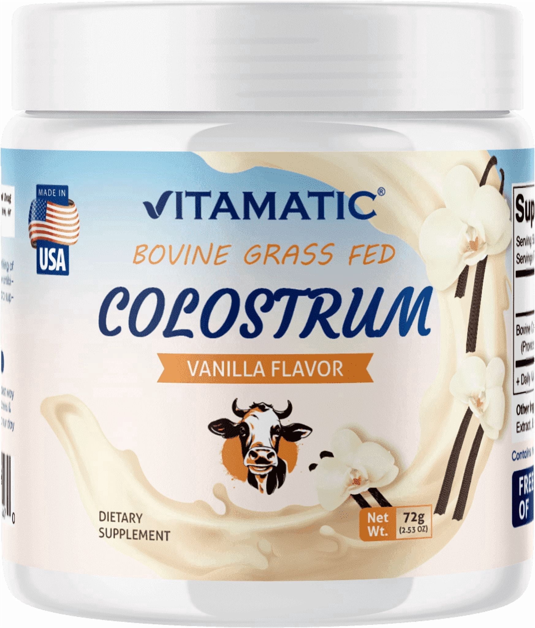 Vitamatic Bovine Colostrum 30% IgG Powder Supplement for Immune Support, Gut Health, Vanilla Flavor, 72 Gram, 30 Servings