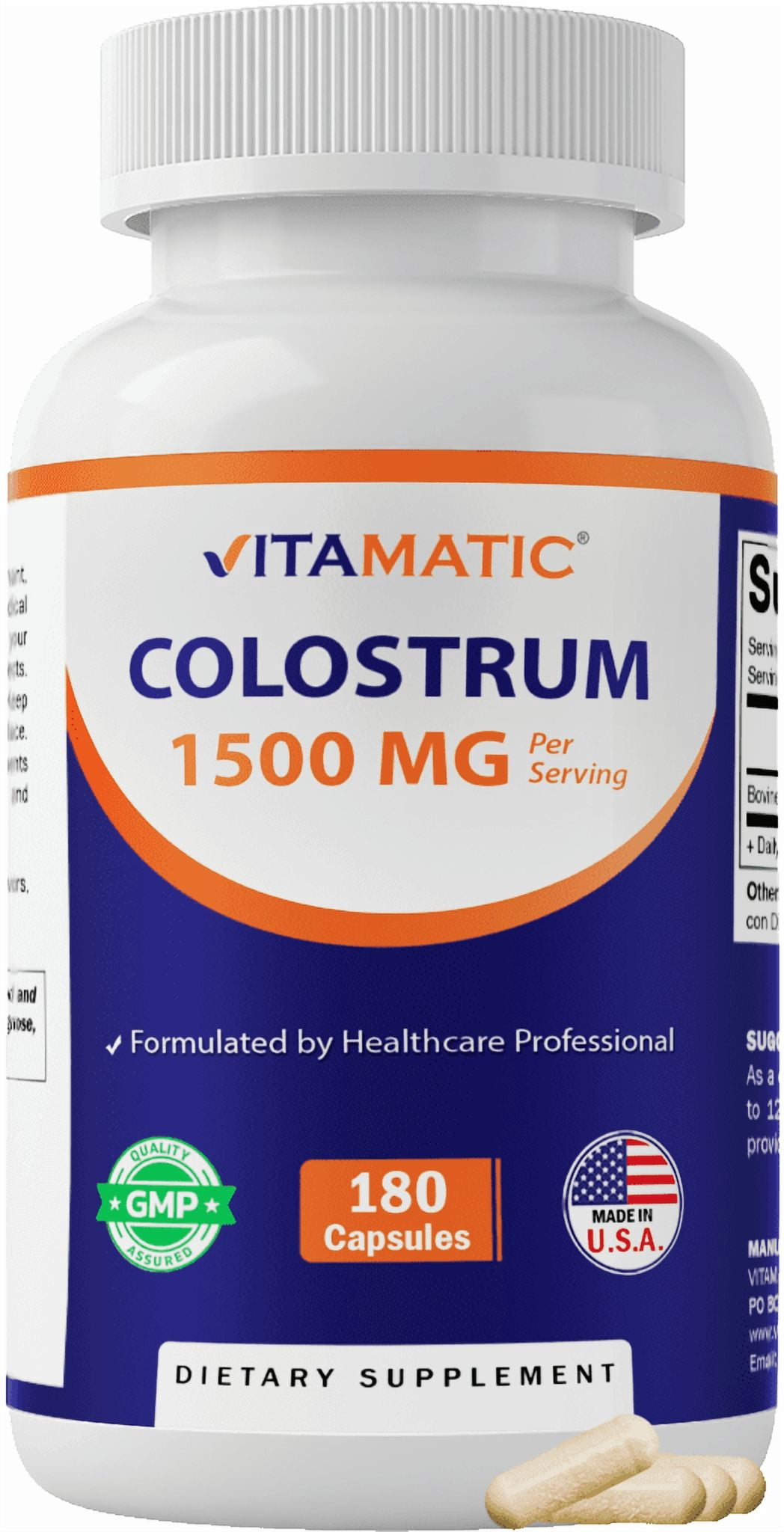 Vitamatic Bovine Colostrum 30% IgG Supplement 1500 mg per Serving - Supplement for Gut Health, Hair Growth, Beauty, Muscle Recovery, & Immune Support - 180 Veg Capsules
