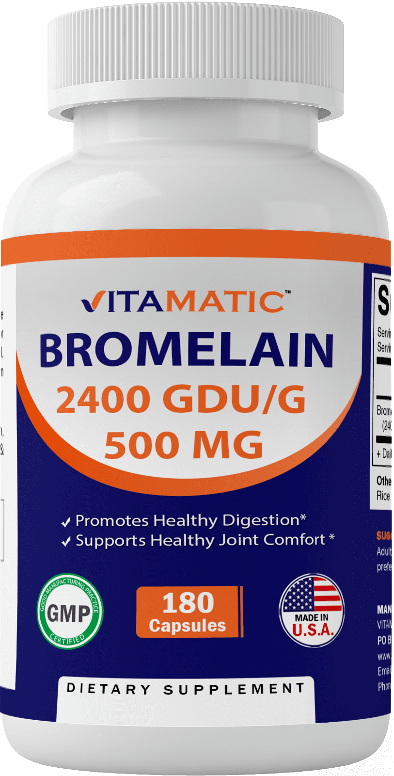 Vitamatic Bromelain Supplement 500mg, 2400 GDU/g, 180 Capsules for