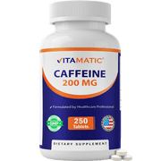 Vitamatic Caffeine Pills 200mg per Serving, 250 Vegetarian Tablets - Nootropic Supplement for Focused Energy