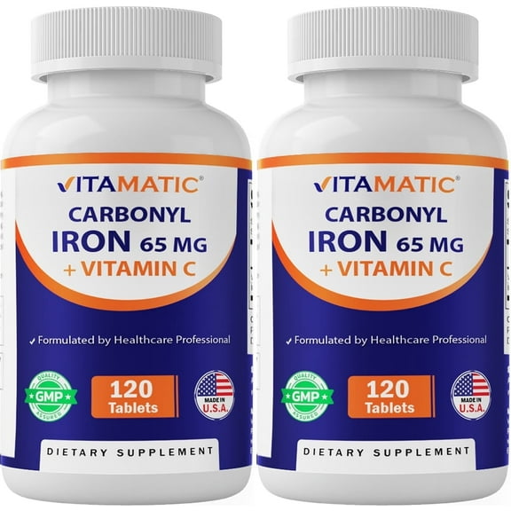 Vitamatic Carbonyl Iron 65 mg with Vitamin C – Gentle Iron Supplement for Energy & Immune Support – High Absorption – 120 Tablet - 2 pack