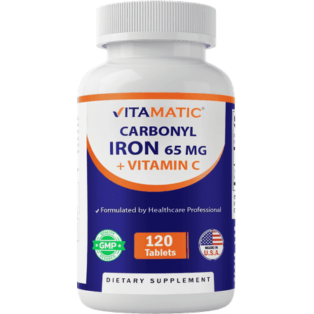 Vitamatic Carbonyl Iron 65 mg with Vitamin C – Gentle Iron Supplement for Energy & Immune Support – High Absorption – 120 Tablets