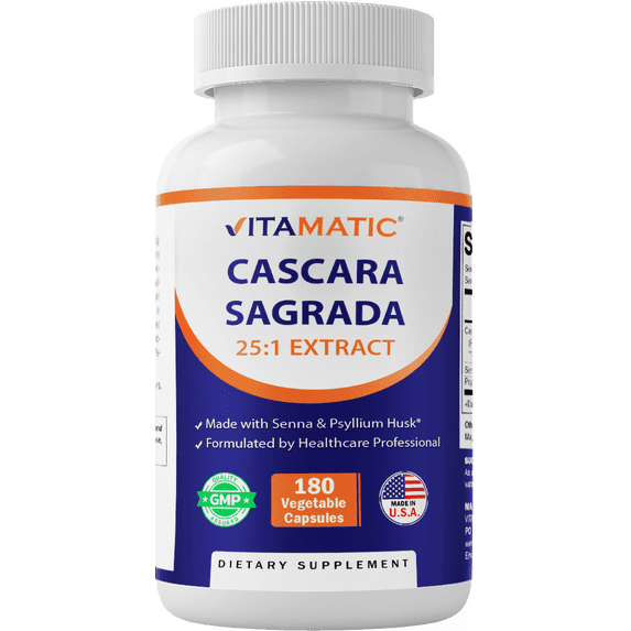 Vitamatic Cascara Sagrada 25:1 Extract, 5000 mg Equivalent Strength Per Serving, Made with Senna & Psyllium Husk - 180 Veg Capsules - Concentrated 25X Potency - All Natural - Non-GMO