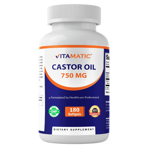 Vitamatic Castor Oil Softgels 750 mg Cold Pressed Easy-to-Swallow 180 Softgels