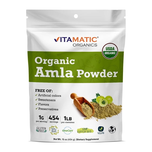 Vitamatic Certified USDA Organic Amla Berry Powder 1 Pound (16 Ounce) - Amalaki - Rich in Antioxidant Vitamin C | Supports Immunity - Gluten Free, Non-GMO, Kosher