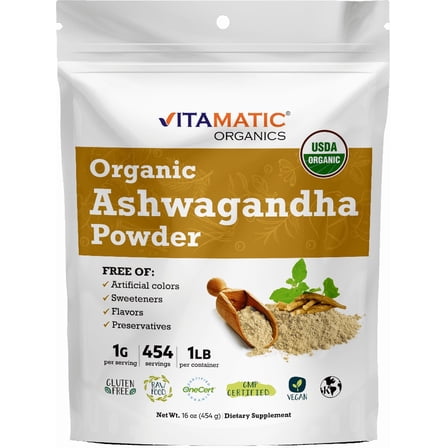 Vitamatic Certified USDA Organic Ashwagandha Powder – 1 lb (16 oz) Withania Somnifera | Ayurvedic Adaptogen for Stress Relief, Energy, Mood & Immune Support