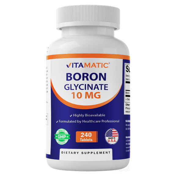 Vitamatic Chelated Boron (as Glycinate) 10mg 240 Tablets - Supports Hormone Balance, Bone Health & Connective Tissue