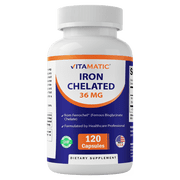 Vitamatic Chelated Iron 36 mg from Ferrochel  Ferrous Bisglycinate Chelate   Non-Constipating - 120 Veg Capsules - Non GMO, Gluten Free, Made in USA