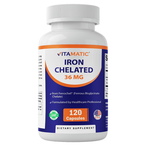 Vitamatic Chelated Iron 36 mg (from Ferrochel® Ferrous Bisglycinate Chelate) – Non-Constipating - 120 Veg Capsules - Non GMO, Gluten Free, Made in USA