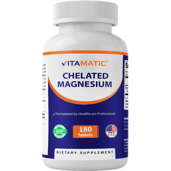 Vitamatic Chelated Magnesium 300mg (Per 1 Tablet) - 180 Tablets - Supports Muscle, Nerve, and Heart Health - Non-GMO, Vegan, Gluten Free, Dairy Free & Made in The USA