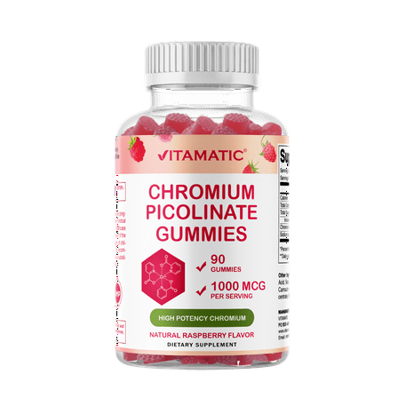 Vitamatic Chromium Picolinate 1000 mcg - 90 Gummies - High Potency Chromium - Raspberry Flavor