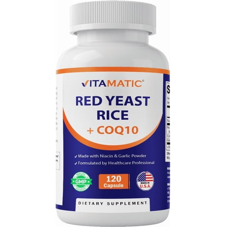 Vitamatic Citrinin-Free Red Yeast Rice 1200 mg. Capsules with CoQ10 100mg, Flush Free Niacin 100mg, & Garlic Powder 20mg - 120 Veg Capsules