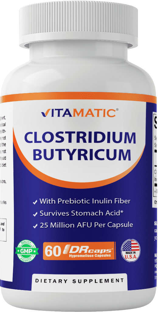 Vitamatic Clostridium butyricum 25 Million - Gut Health - 60 DR Capsules (Delayed Released) - Made with Prebiotic Inulin Fiber