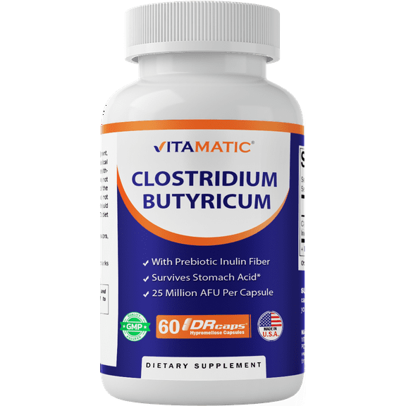 Vitamatic Clostridium butyricum 25 Million - Gut Health - 60 DR Capsules (Delayed Released) - Made with Prebiotic Inulin Fiber