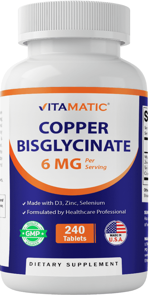 Vitamatic Copper Bisglycinate 6 mg Made with Vitamin D3 2000 IU, Zinc 50mg, Selenium 50mcg - 240 Tablets - Non-GMO & Gluten Free